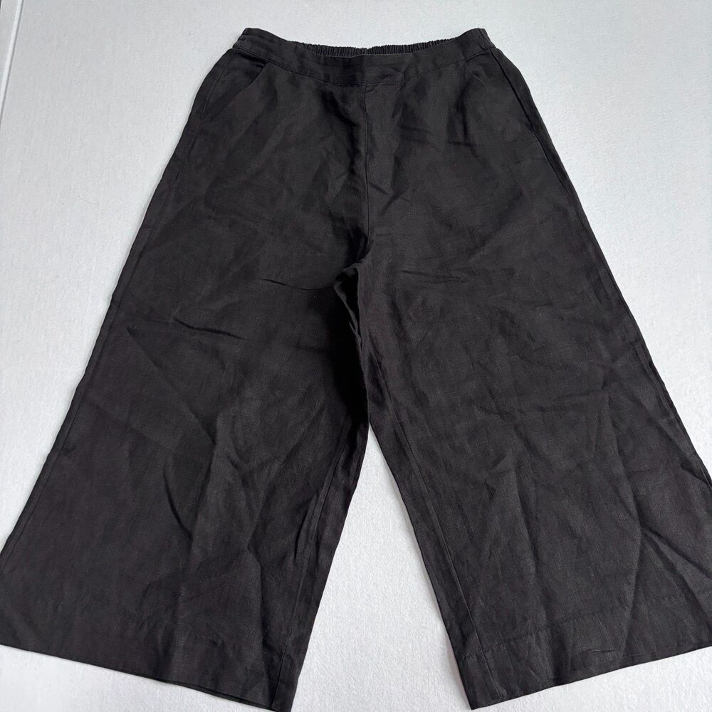 Chico's Linen Wide Leg Crop Pants Womens 12 Black Pull On Beachy Travel Vacation - Picture 2 of 8